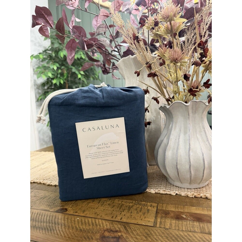 Queen 100% Linen Sheet Set Dark Mineral Blue - Casaluna